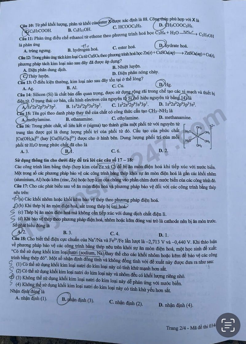 Dap an de thi mon Hoa - ma de 0346 tot nghiep THPT 2025