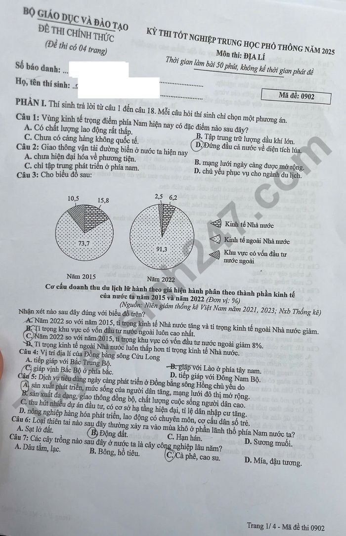 Dap an de thi tot nghiep THPT 2025 mon Dia ma de 0902