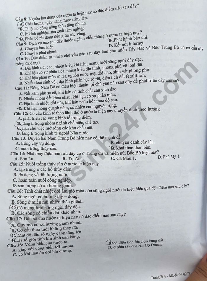 Dap an de thi tot nghiep THPT 2025 mon Dia ma de 0902