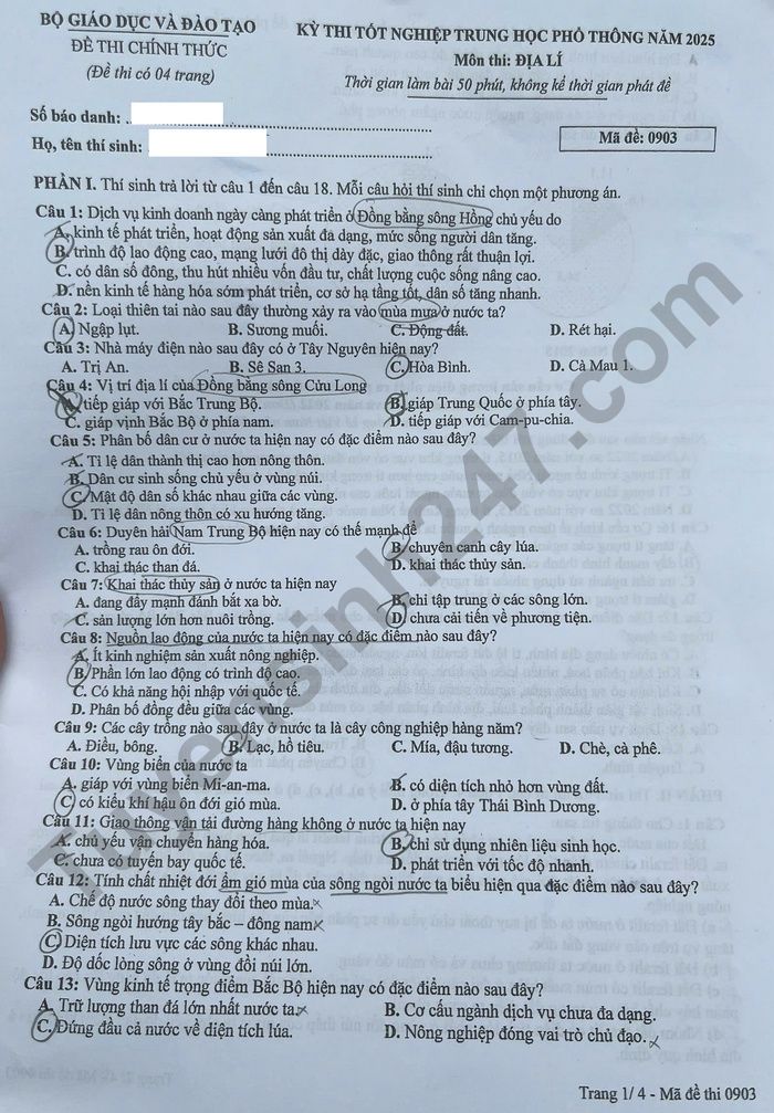 Dap an de thi tot nghiep THPT 2025 mon Dia - ma de 0903