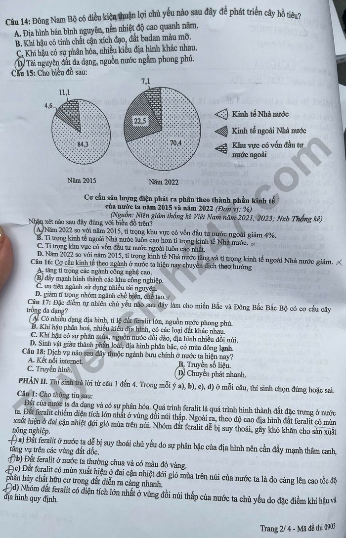 Dap an de thi tot nghiep THPT 2025 mon Dia - ma de 0903