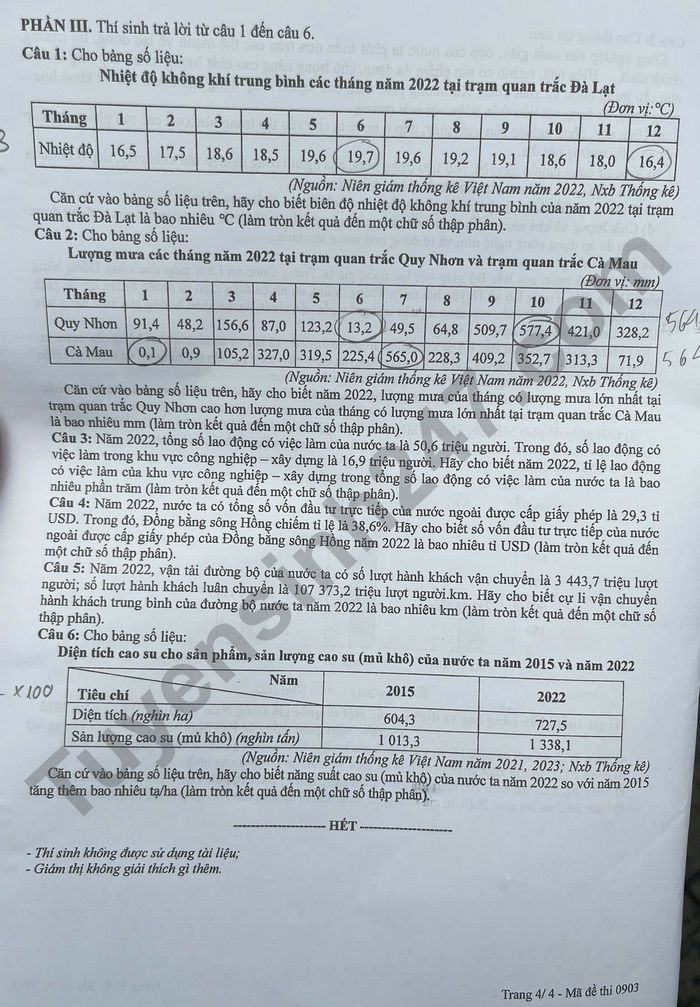 Dap an de thi tot nghiep THPT 2025 mon Dia - ma de 0903