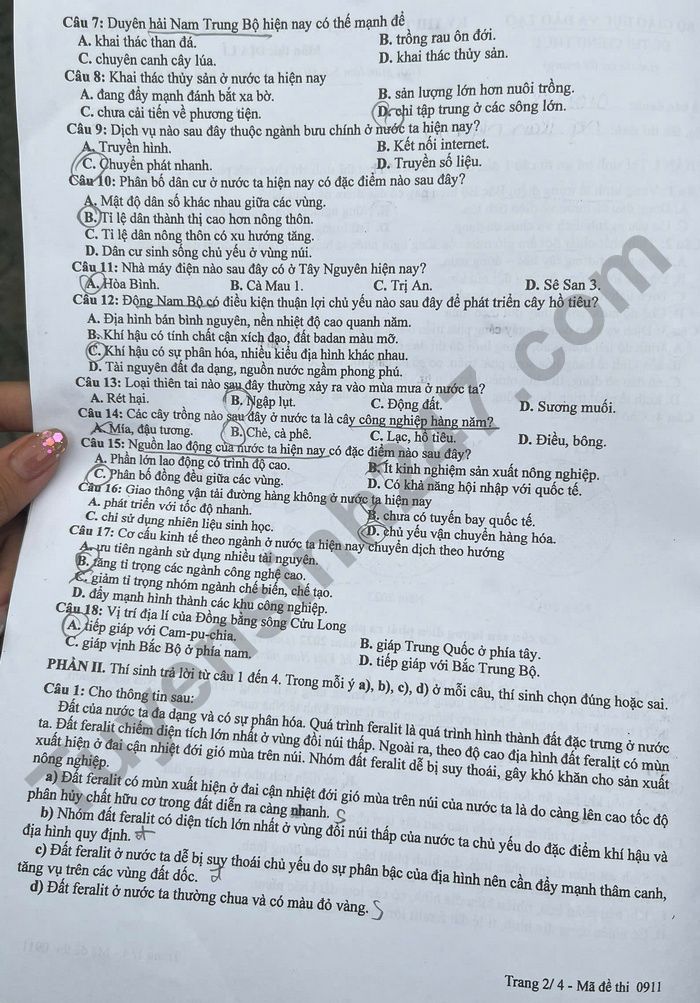 Dap an de thi mon Dia ma de 0911 tot nghiep THPT 2025