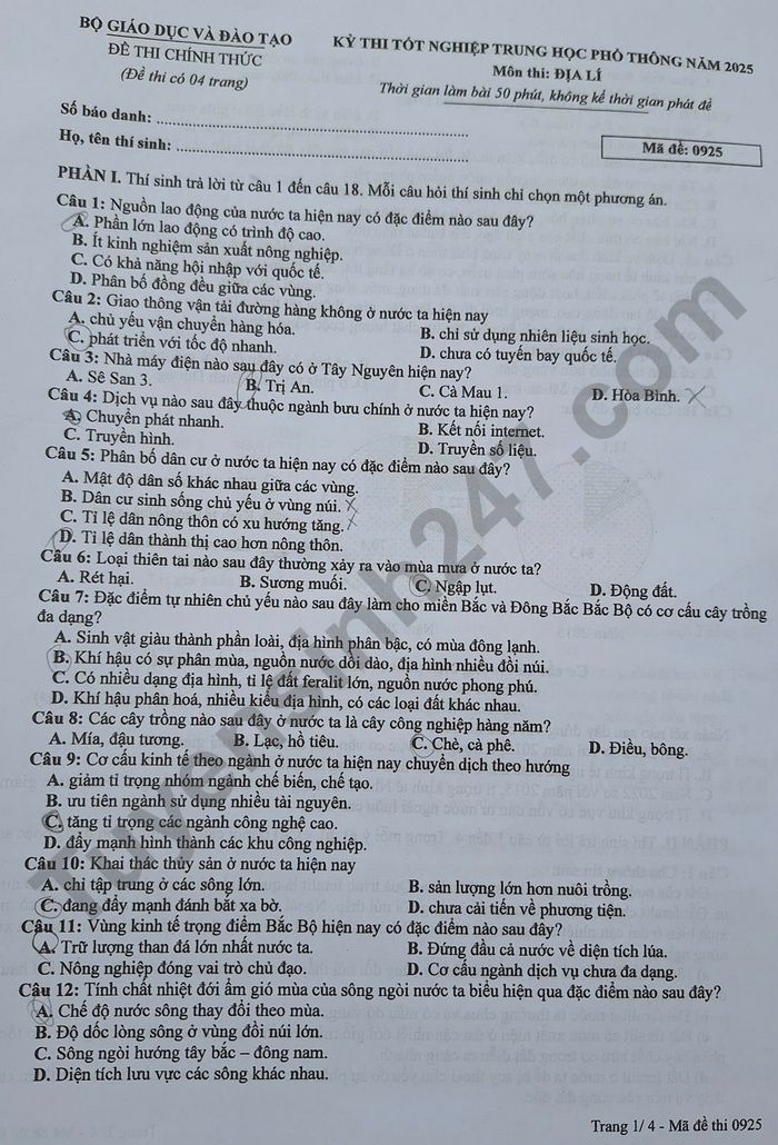 Dap an mon Dia ma de 0925 - tot nghiep THPT nam 2025
