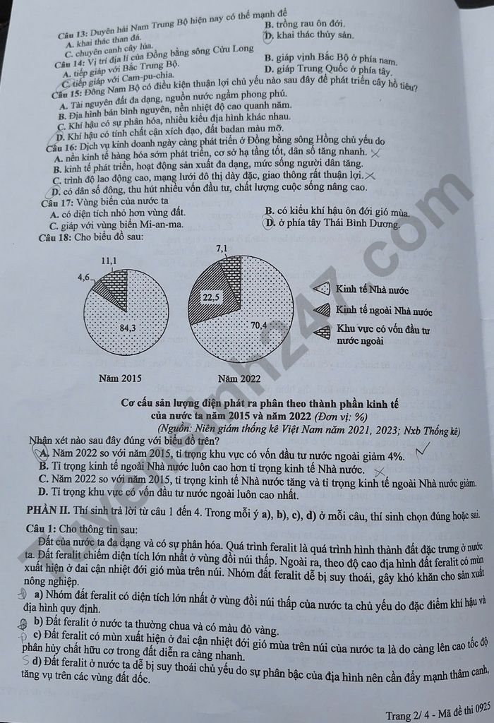 Dap an mon Dia ma de 0925 - tot nghiep THPT nam 2025