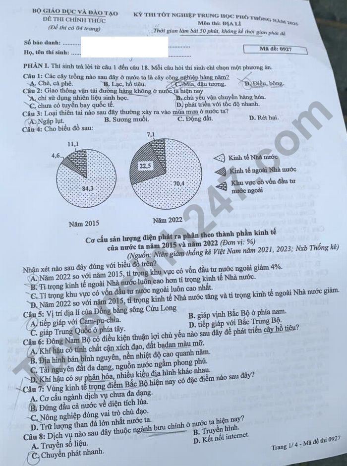 Dap an de thi tot nghiep THPT 2025 - mon Dia ma de 0927