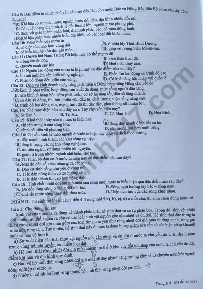 Dap an de thi tot nghiep THPT 2025 - mon Dia ma de 0927