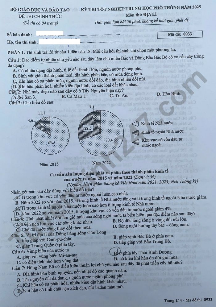 Dap an de thi mon Dia ma de 0933 tot nghiep THPT 2025