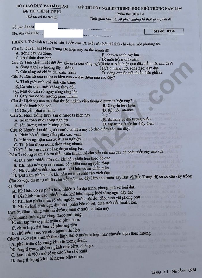 Dap an mon Dia ma de 0934 - tot nghiep THPT nam 2025