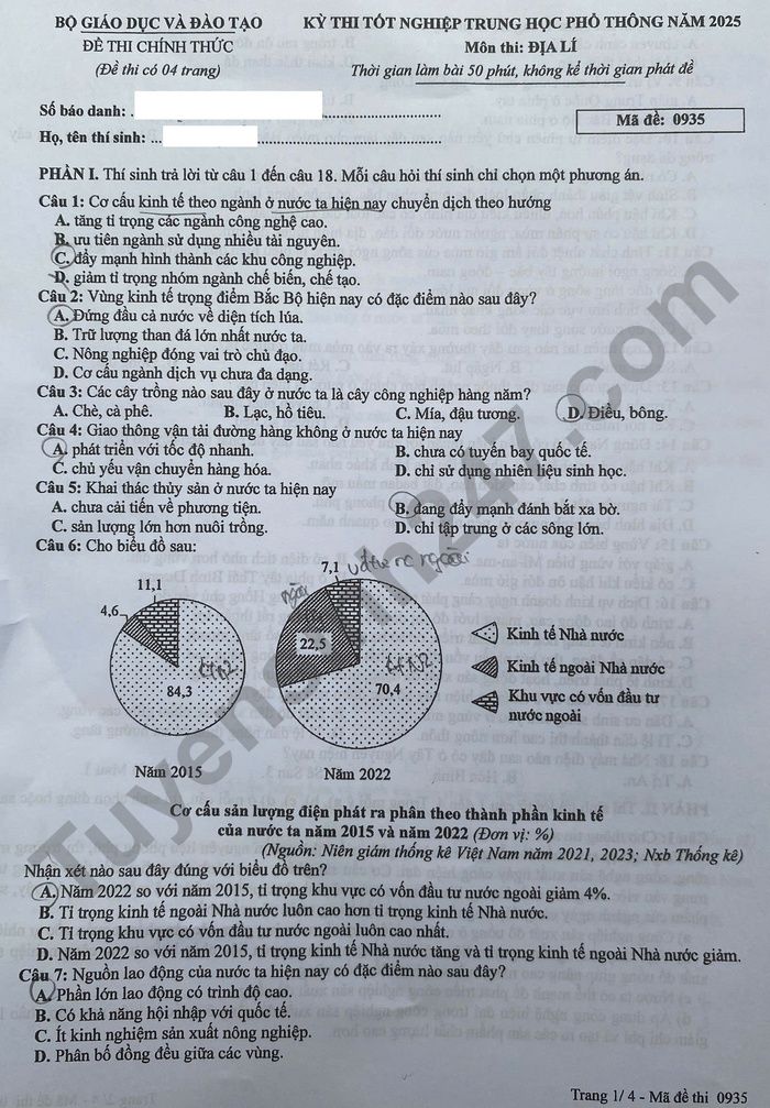 Dap an de thi tot nghiep THPT 2025 mon Dia - ma de 0935