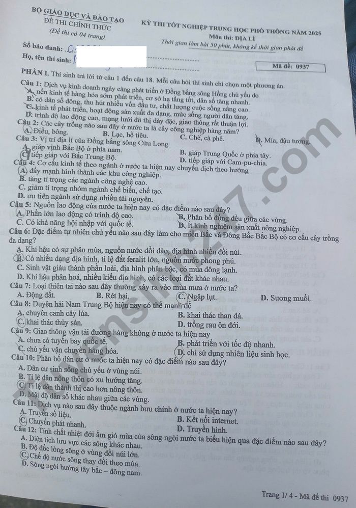 Dap an mon Dia ma de 0937 - tot nghiep THPT nam 2025