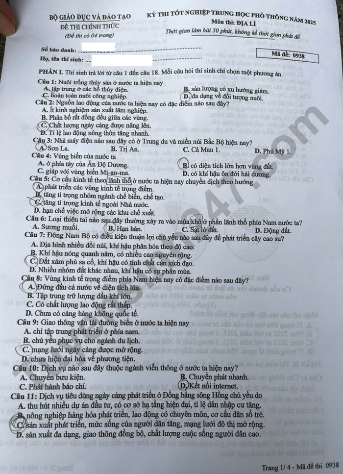 Dap an de thi tot nghiep THPT mon Dia 2025 - ma de 0938