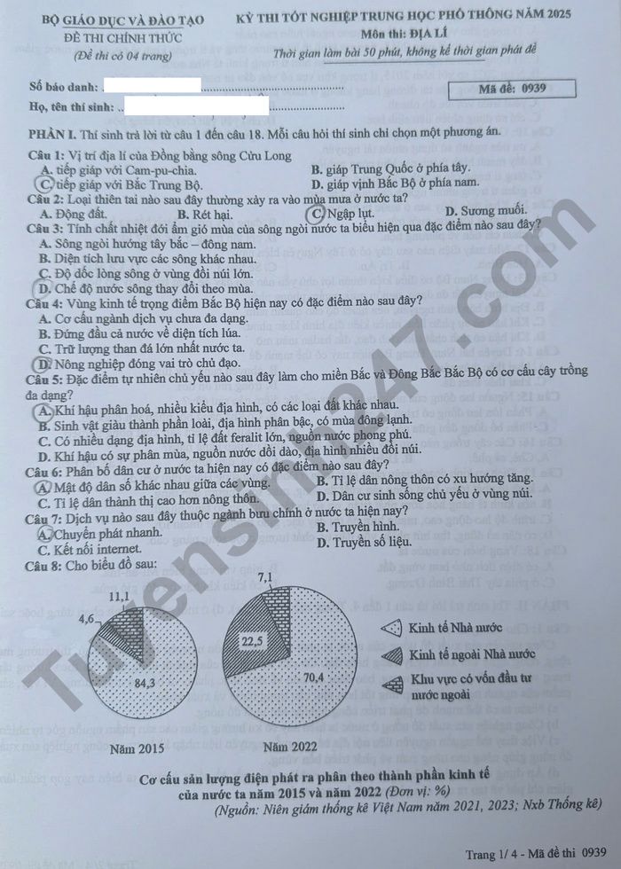 Dap an de thi tot nghiep THPT mon Dia 2025 ma de 0939