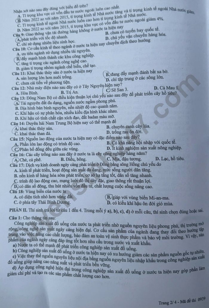 Dap an de thi tot nghiep THPT mon Dia 2025 ma de 0939
