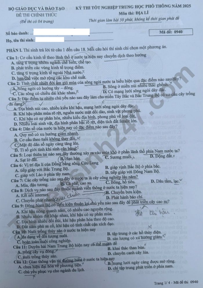 Dap an de thi tot nghiep THPT 2025 ma de 0940 mon Dia