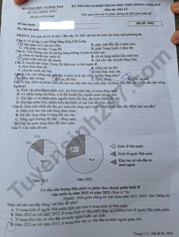 Dap an mon Dia ma de 0943 - tot nghiep THPT nam 2025