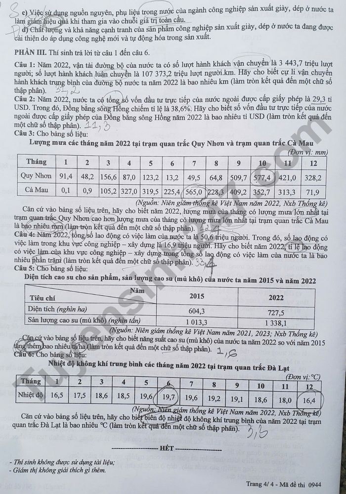 Dap an de thi tot nghiep THPT 2025 mon Dia ma de 0944