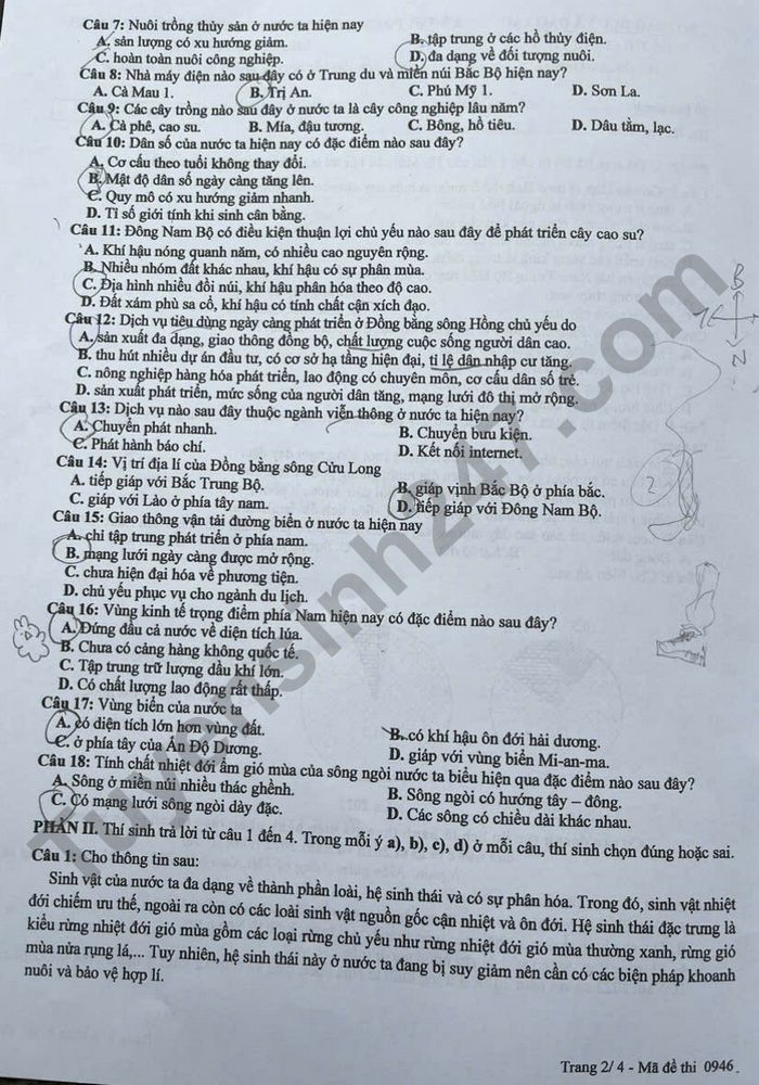 Dap an de thi tot nghiep THPT 2025 mon Dia - ma de 0946