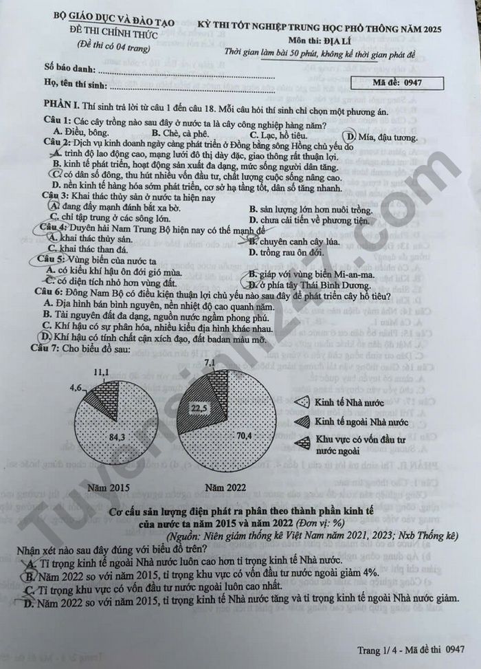 Dap an de thi tot nghiep THPT 2025 mon Dia ma de 0947