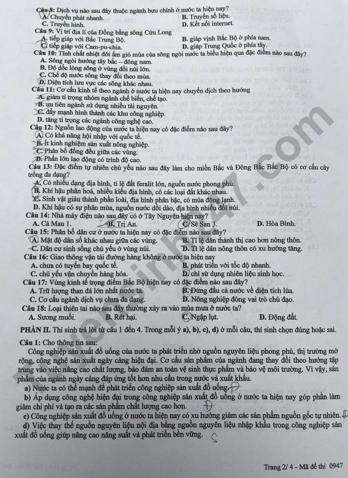 Dap an de thi tot nghiep THPT 2025 mon Dia ma de 0947