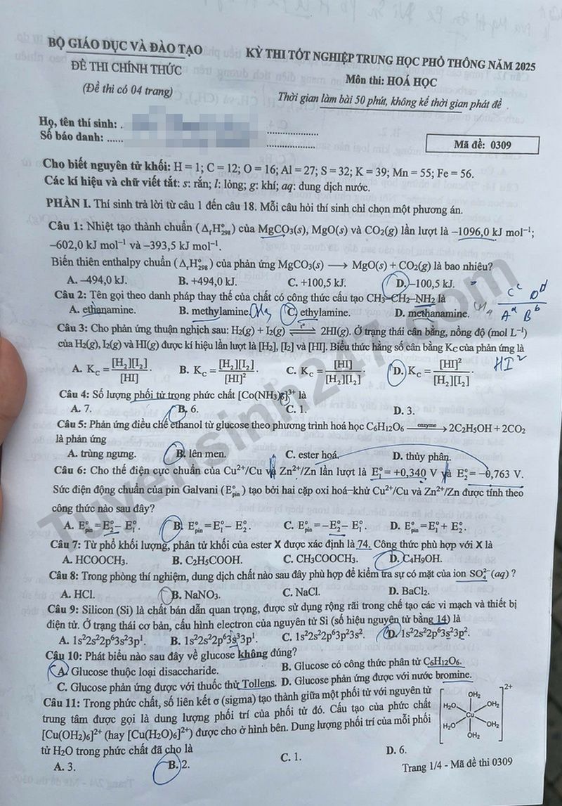 Dap an de thi mon Hoa tot nghiep THPT 2025 ma de 0309