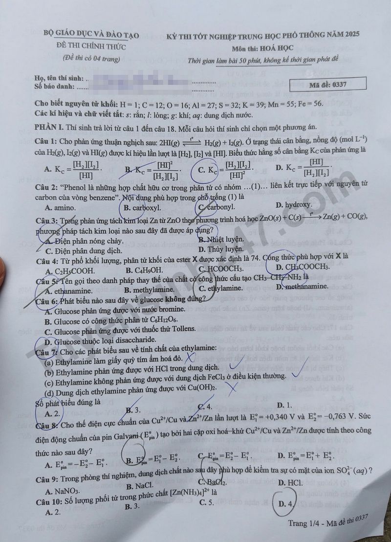 Dap an de thi tot nghiep THPT mon Hoa 2025 - ma de 0337