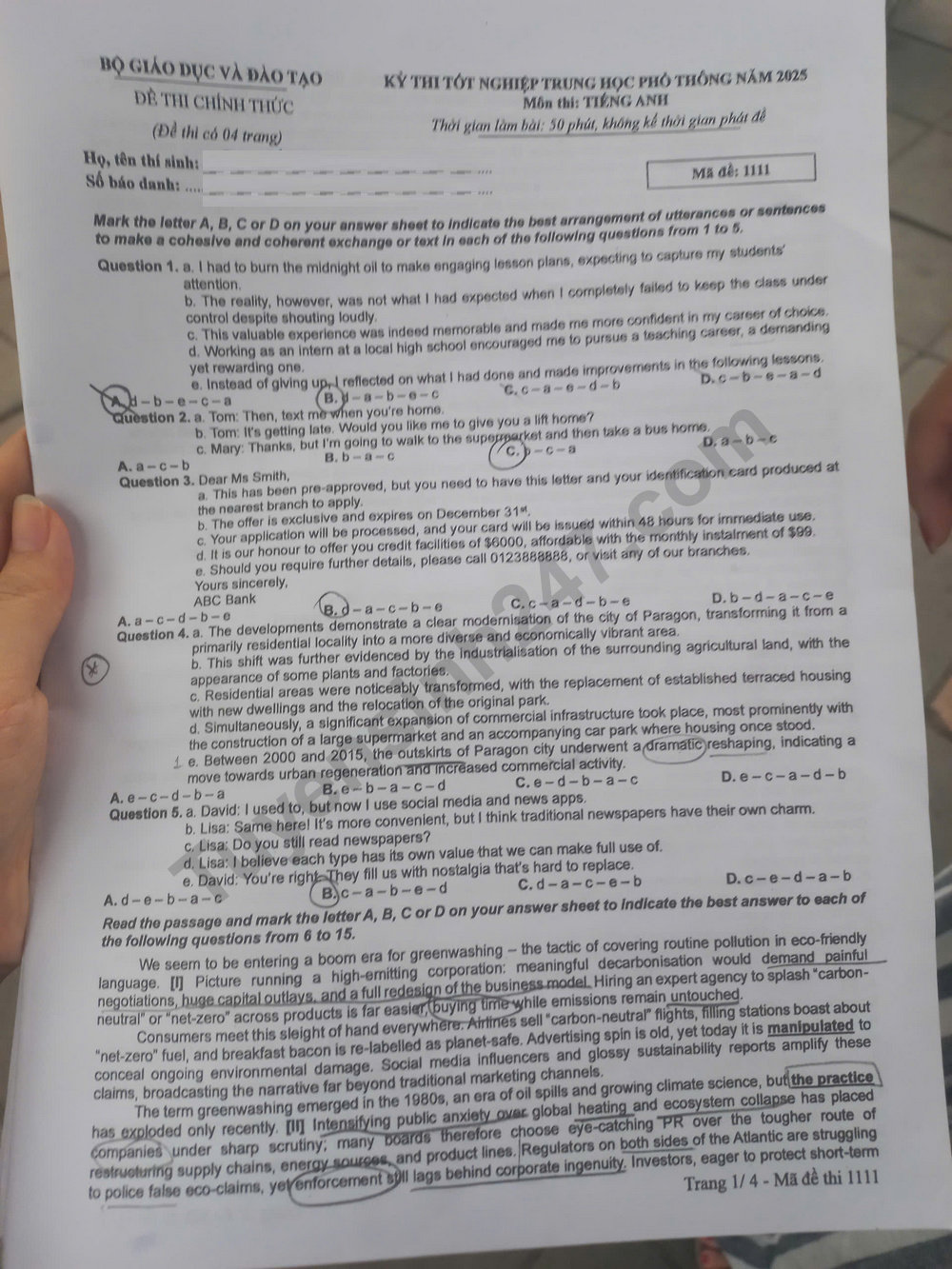Dap an de thi tot nghiep THPT nam 2025 - ma de 1111 mon Anh
