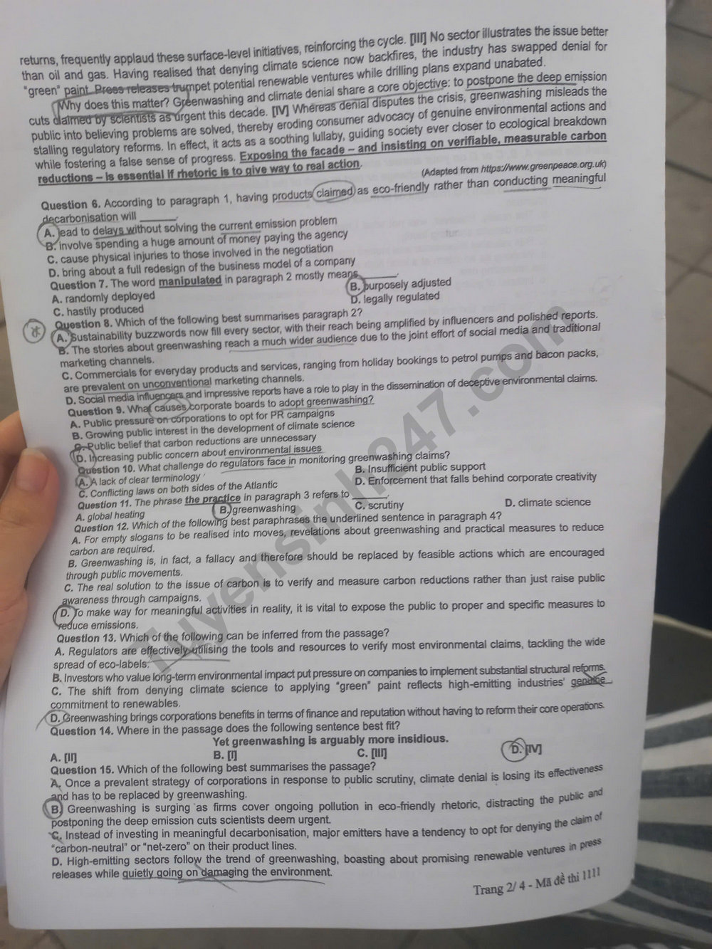 Dap an de thi tot nghiep THPT nam 2025 - ma de 1111 mon Anh