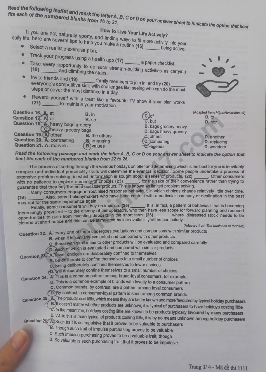 Dap an de thi tot nghiep THPT nam 2025 - ma de 1111 mon Anh