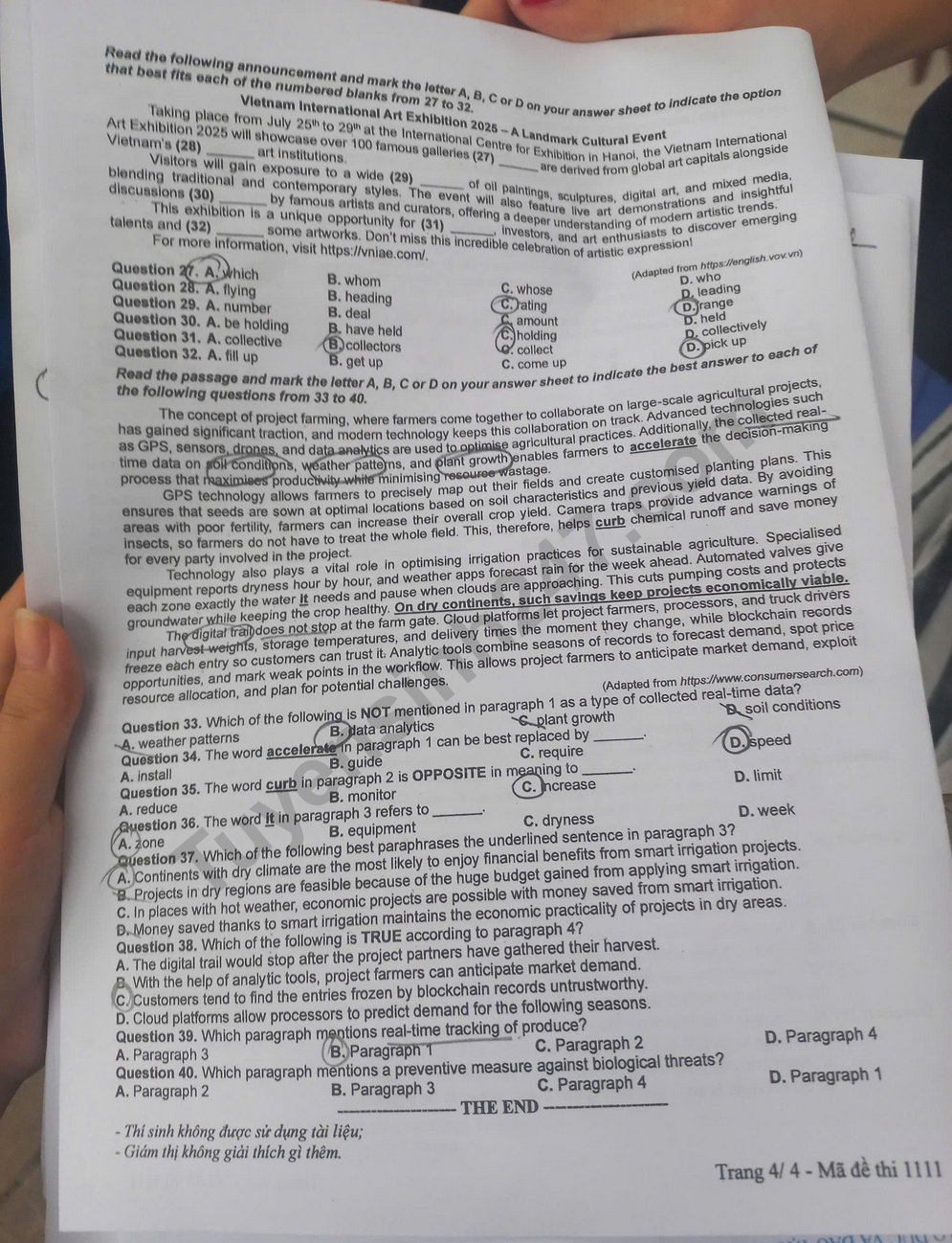Dap an de thi tot nghiep THPT nam 2025 - ma de 1111 mon Anh