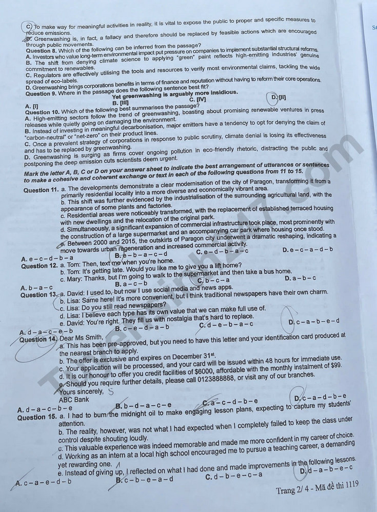 Dap an de thi tot nghiep THPT 2025 ma de 1119 mon Anh