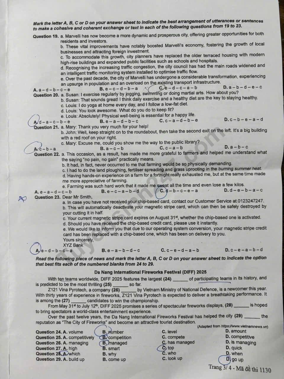 Dap an de thi tot nghiep THPT 2025 - ma de 1130 mon Anh