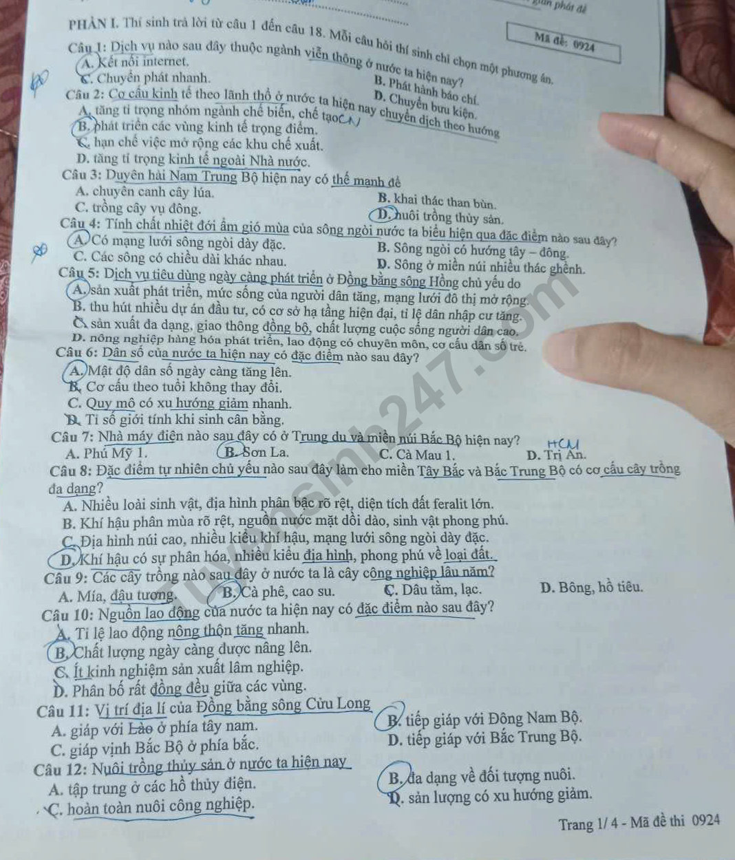 Dap an mon Dia ma de 0924 - tot nghiep THPT 2025