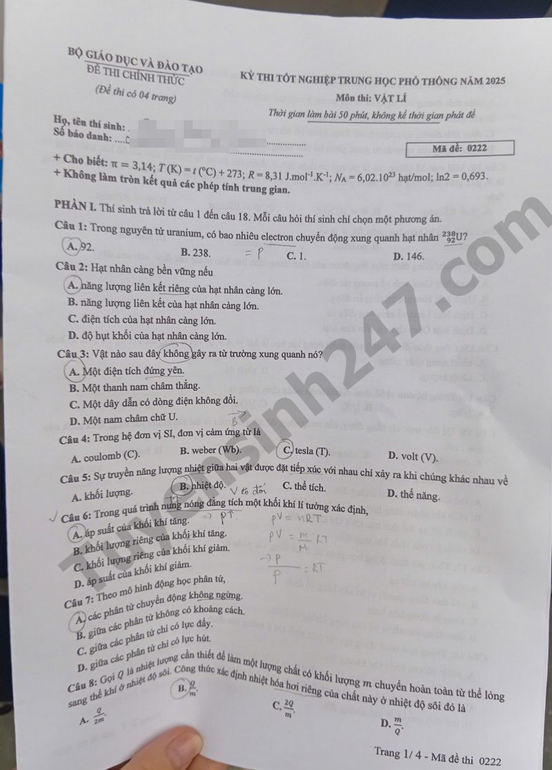 Dap an de thi tot nghiep THPT 2025 - ma de 0222 mon Ly