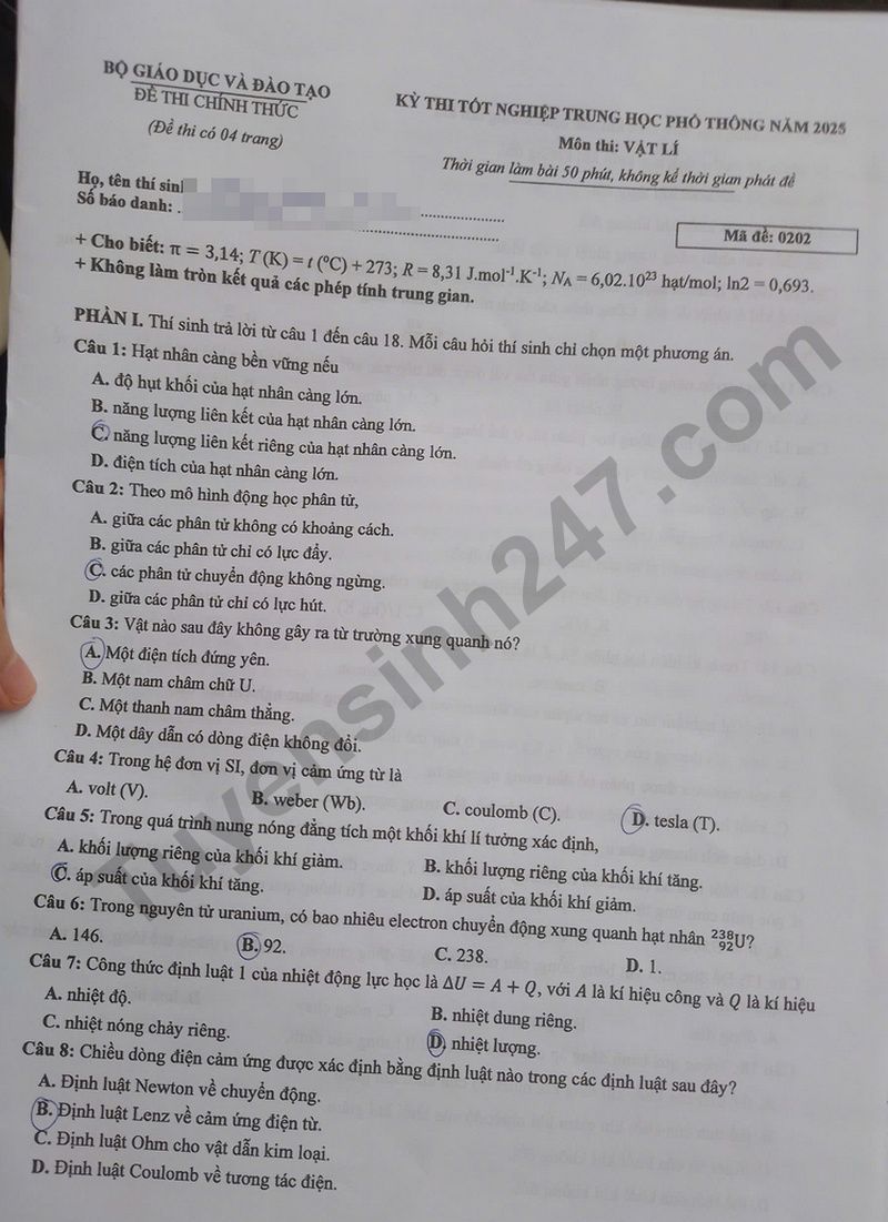 Dap an de thi mon Ly ma de 0202 tot nghiep THPT 2025
