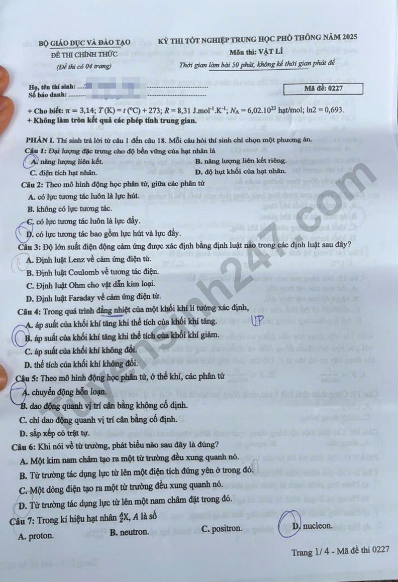 Dap an de thi mon Ly ma de 0227 tot nghiep THPT 2025