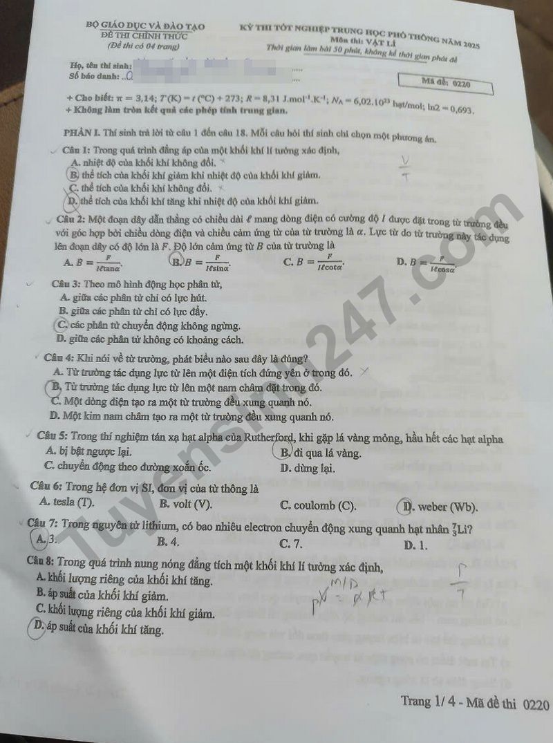 Dap an de thi tot nghiep THPT nam 2025 mon Ly - ma de 0220