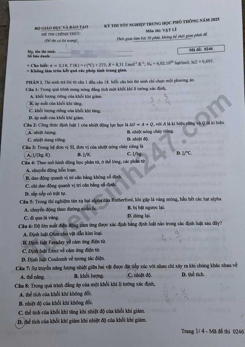 Dap an de thi tot nghiep THPT 2025 ma de 0246 mon Ly