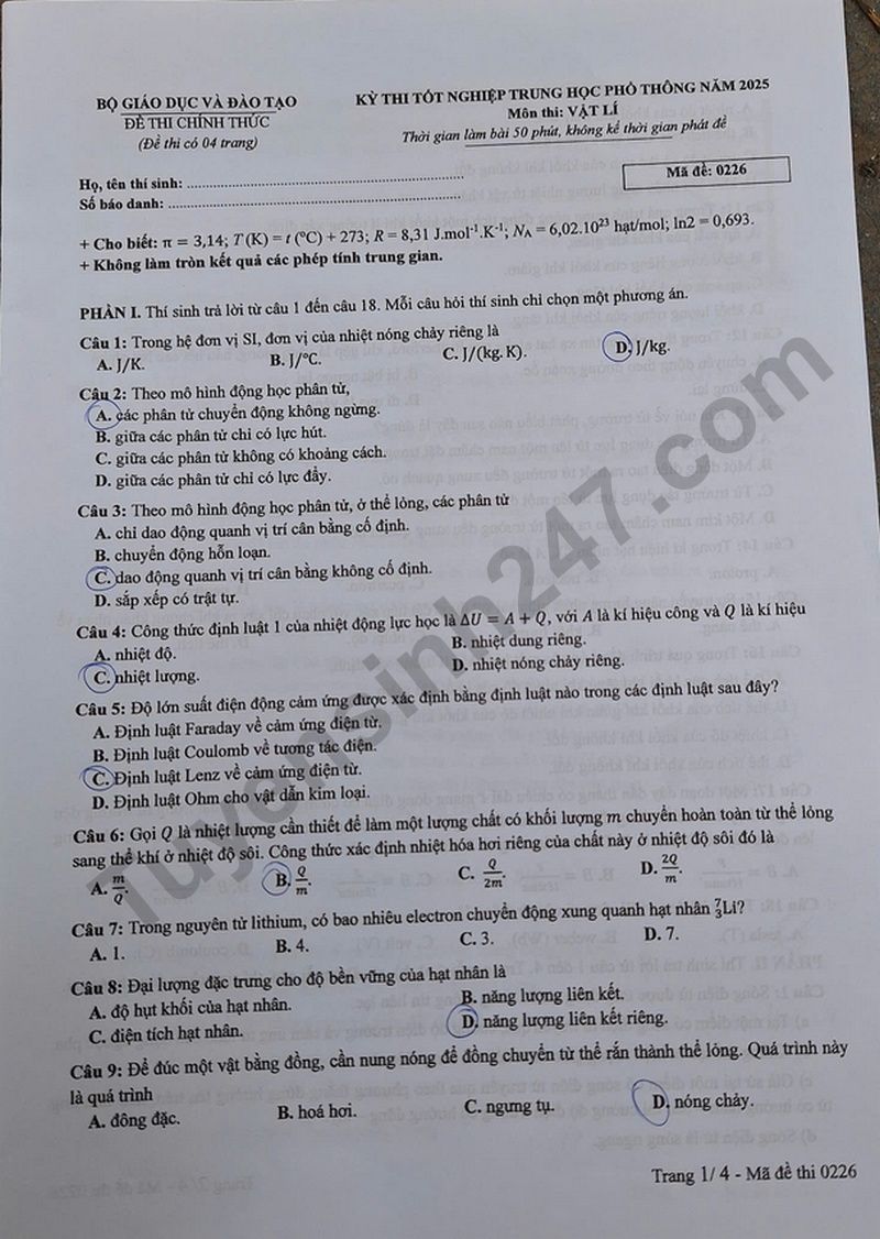 Dap an de thi tot nghiep THPT 2025 ma de 0226 mon Ly