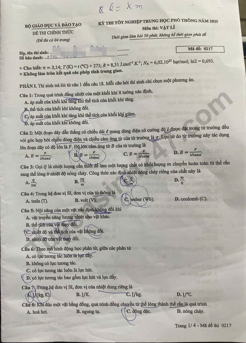 Dap an de thi tot nghiep THPT 2025 mon Ly - Ma de 0217