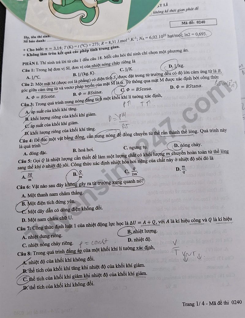 Dap an de thi mon Ly tot nghiep THPT 2025 ma de 0240