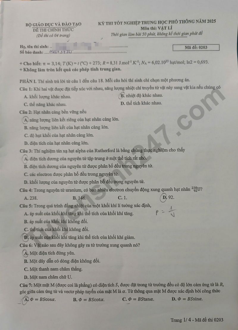 Dap an de thi tot nghiep THPT mon Ly 2025 - Ma de 0203