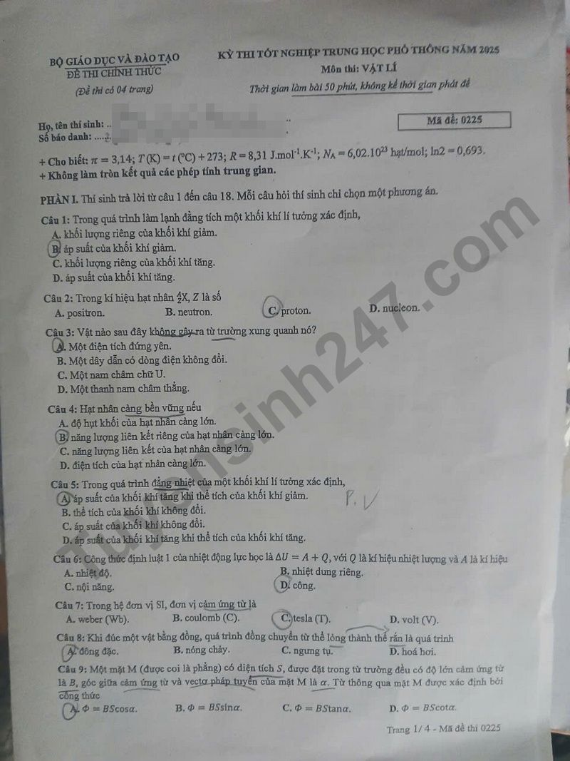 Dap an de thi tot nghiep THPT 2025 mon Ly ma de 0225
