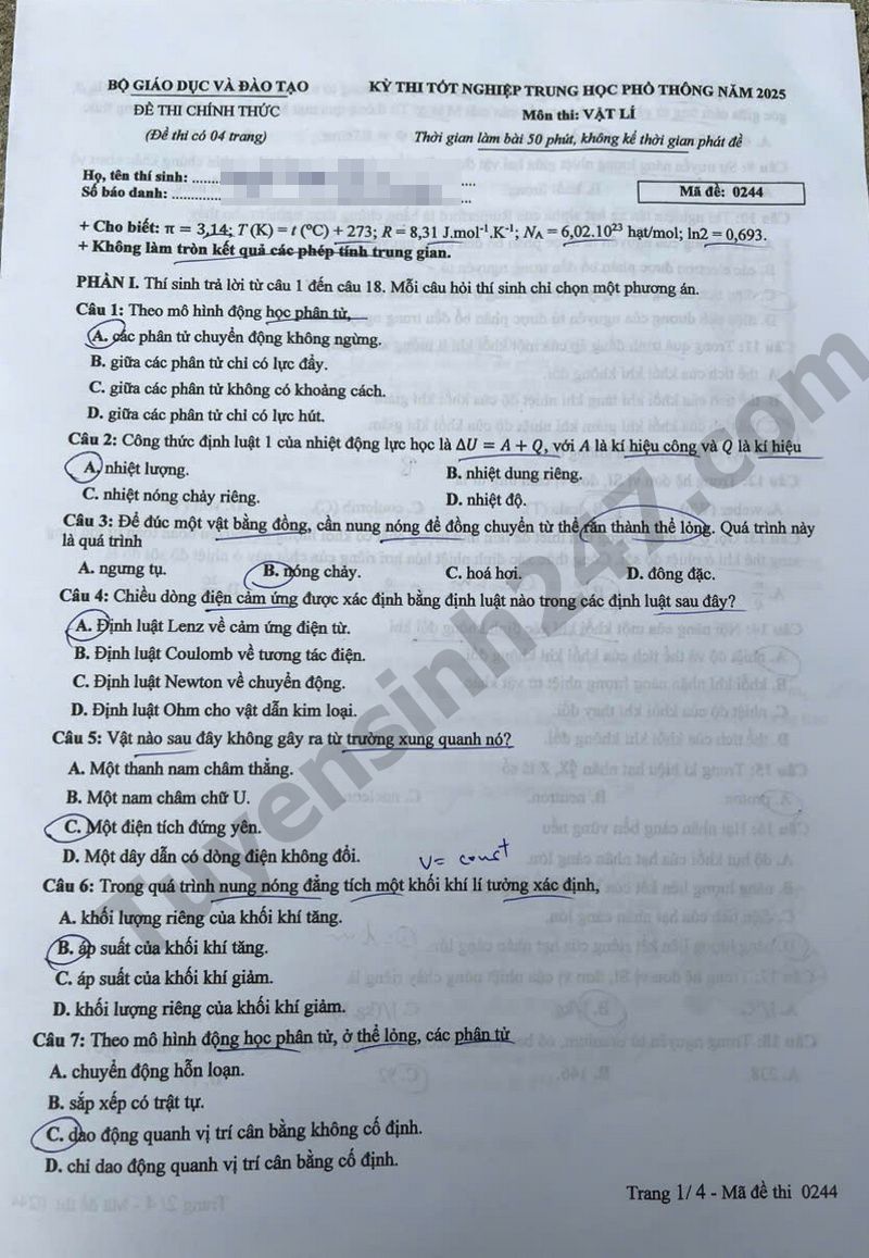 Dap an de thi mon Ly tot nghiep THPT 2025 ma de 0244