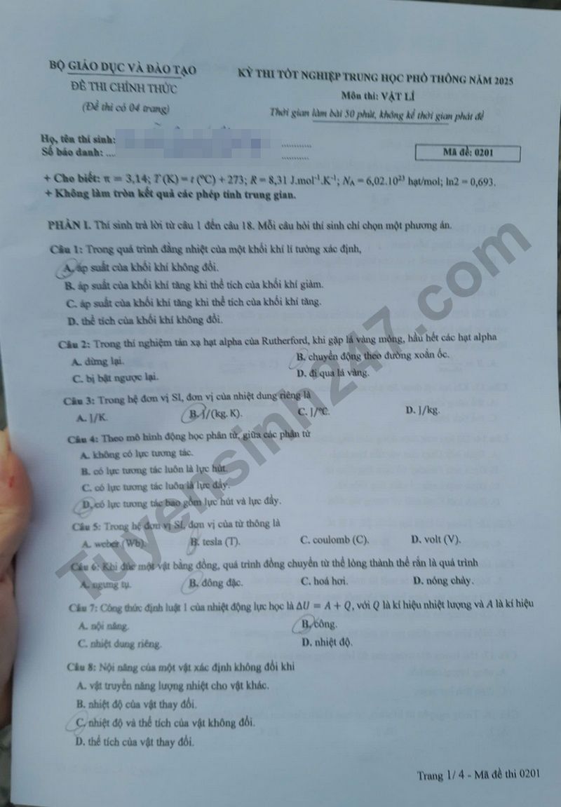Dap an de thi tot nghiep THPT 2025 mon Ly - ma de 0201