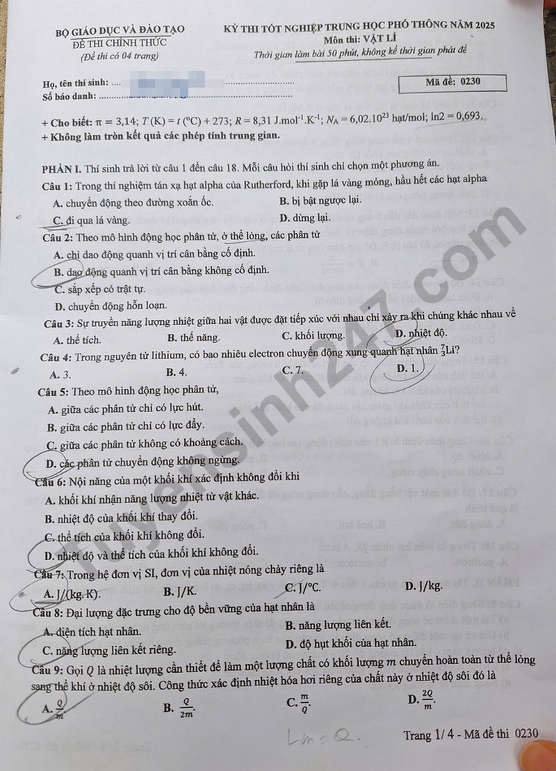 Dap an de thi tot nghiep THPT nam 2025 mon Ly - ma de 0230