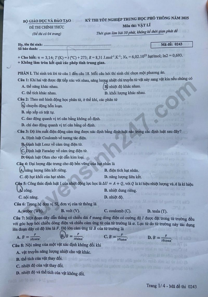 Dap an de thi tot nghiep THPT 2025 mon Ly ma de 0243