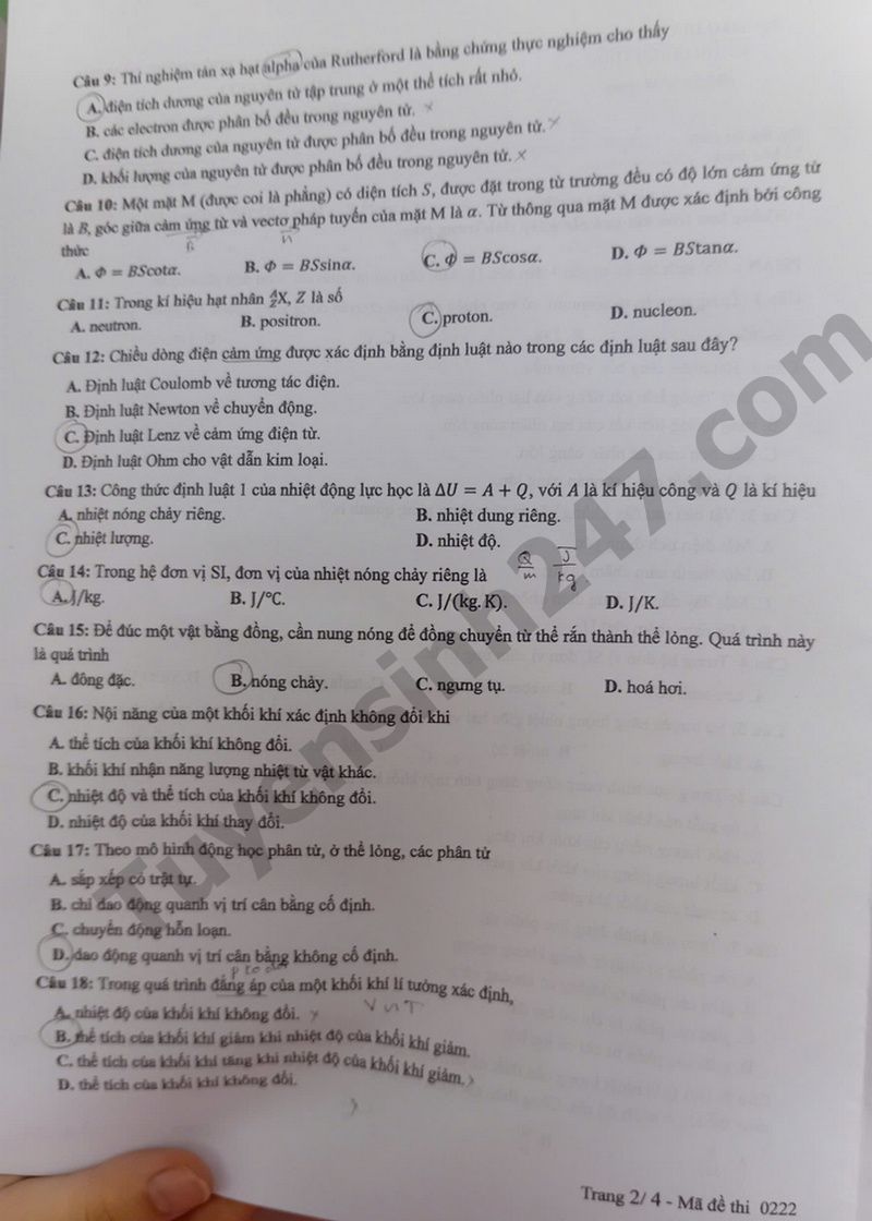 Dap an de thi tot nghiep THPT 2025 - ma de 0222 mon Ly