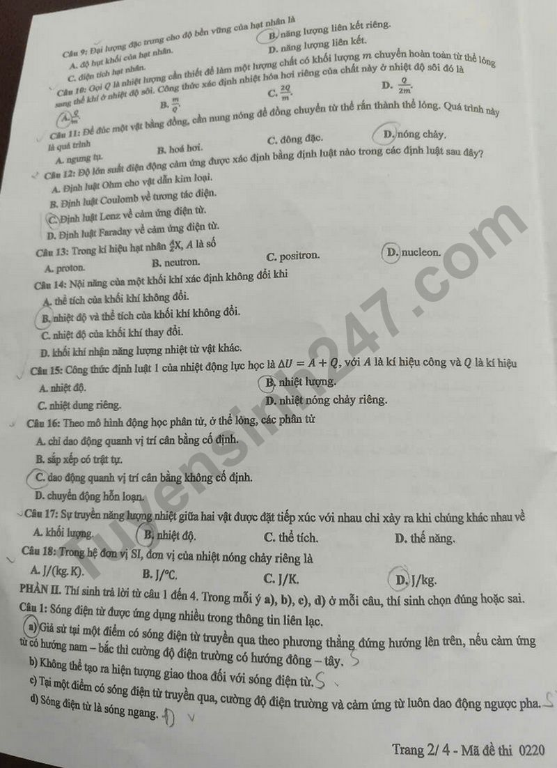 Dap an de thi tot nghiep THPT nam 2025 mon Ly - ma de 0220