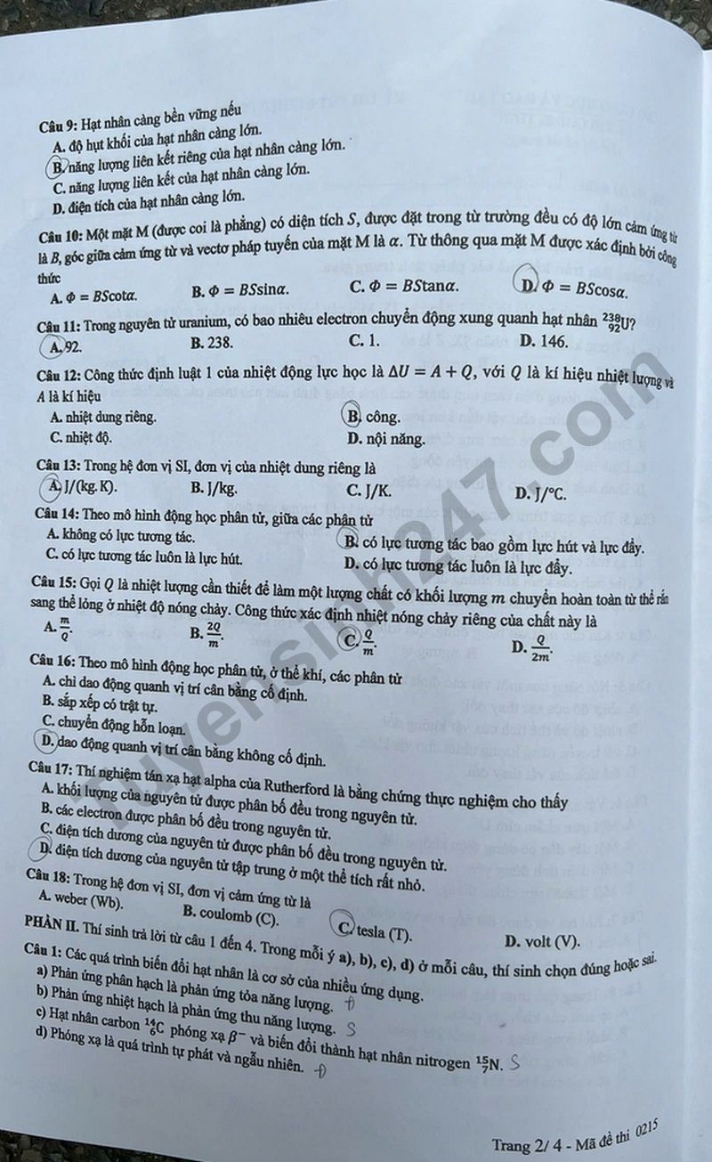 Dap an de thi tot nghiep THPT mon Ly - Ma de 0215 nam 2025